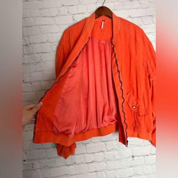 Free People Ruched Linen bomber orange Jacket - Picture 13 of 13